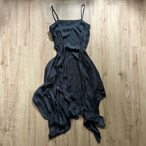 Silence + Noise Black Satin Midi Dress // lbd urban outfitters irregular hem